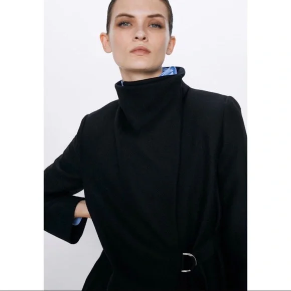 ZARA MANTECO Italian Luxury Wool Black Asymmetrical Belted Jacket Colins Coat M - Picture 5 of 16